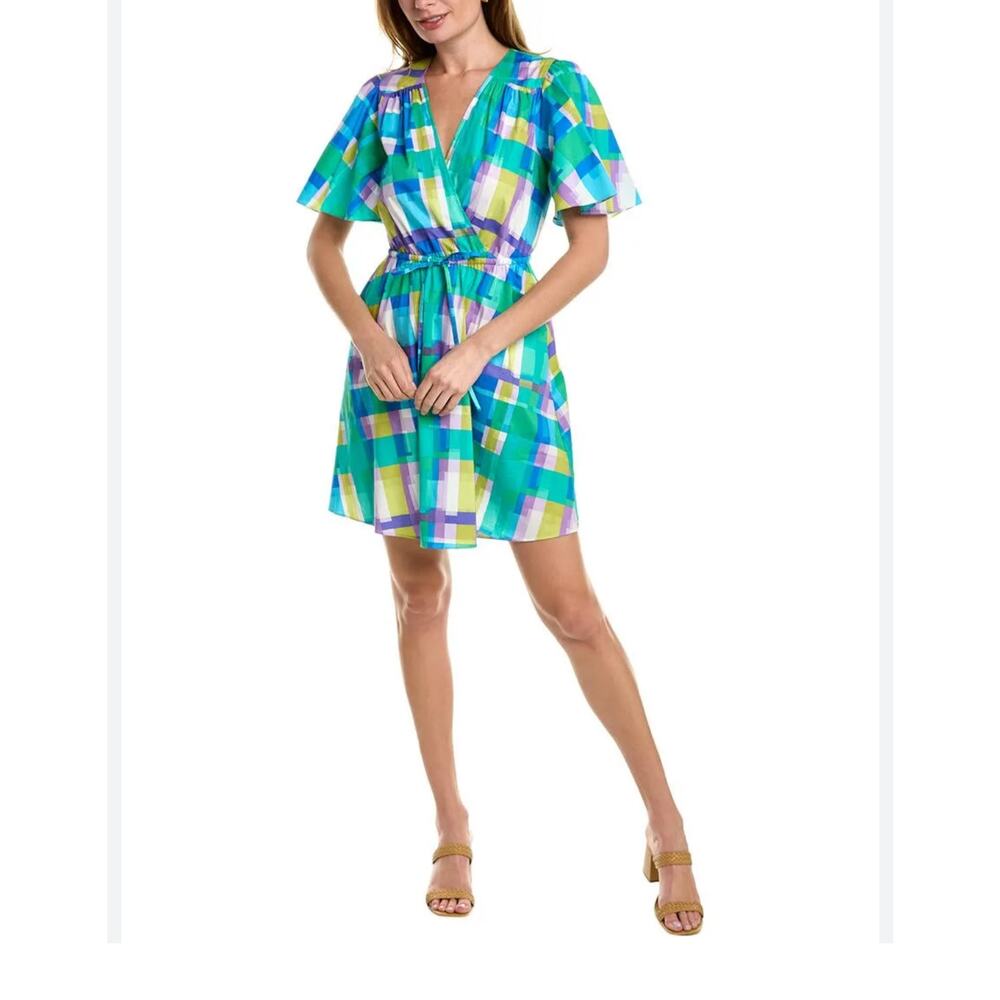 Donna Morgan Womens Multi Color Plaid Flutter Sleeve Faux Wrap Mini Dress 6 NWOT